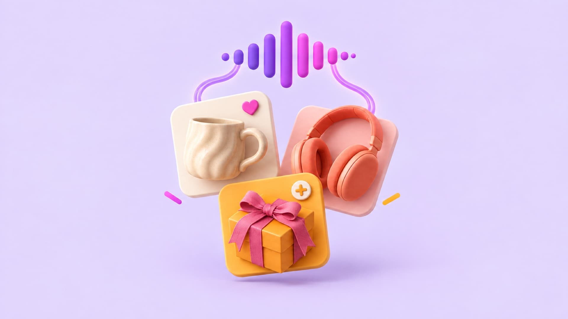 A voice waveform flowing into three Wishes app tiles: a mug, headphones, and a wrapped gift