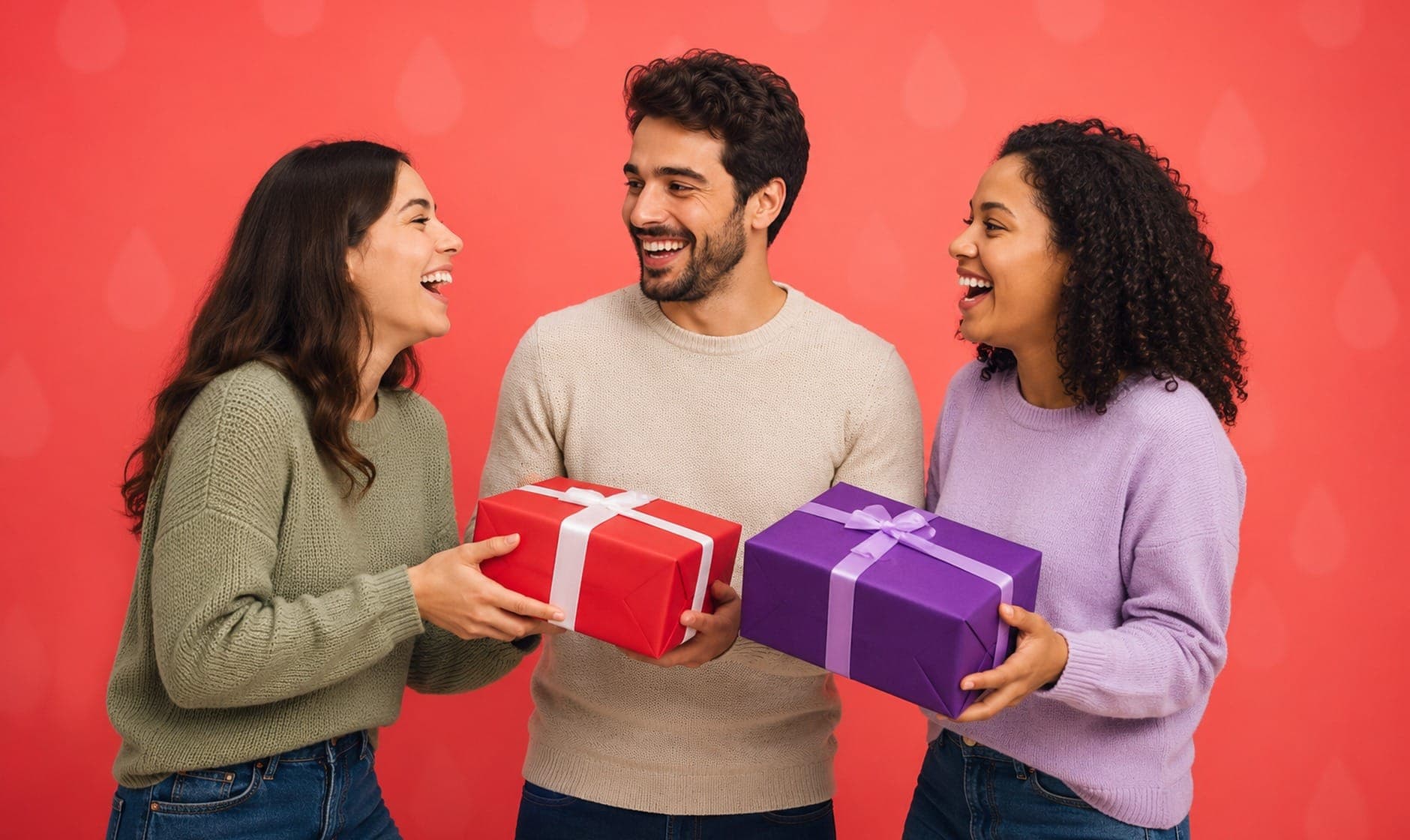 Three friends laughing as they swap wrapped gifts