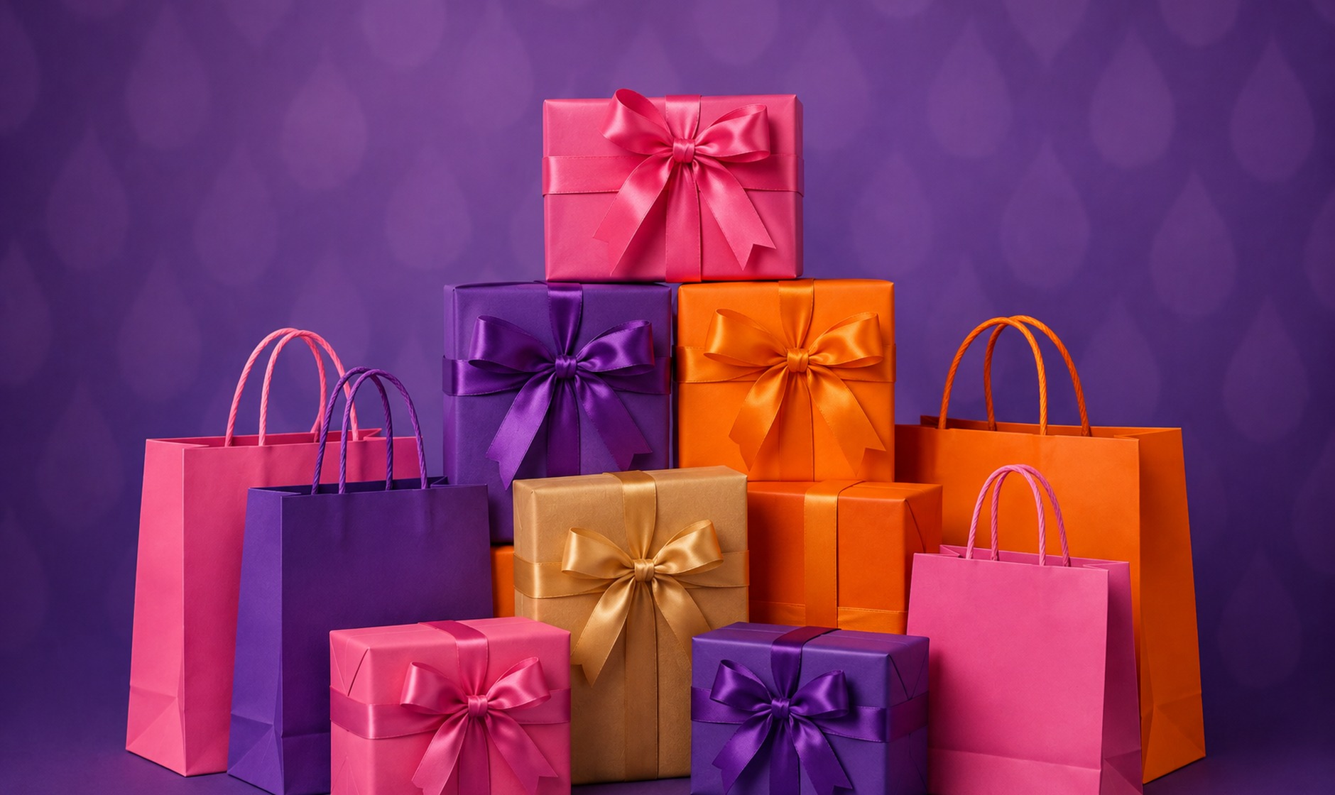 Shopping bags and wrapped gifts on a deep purple background