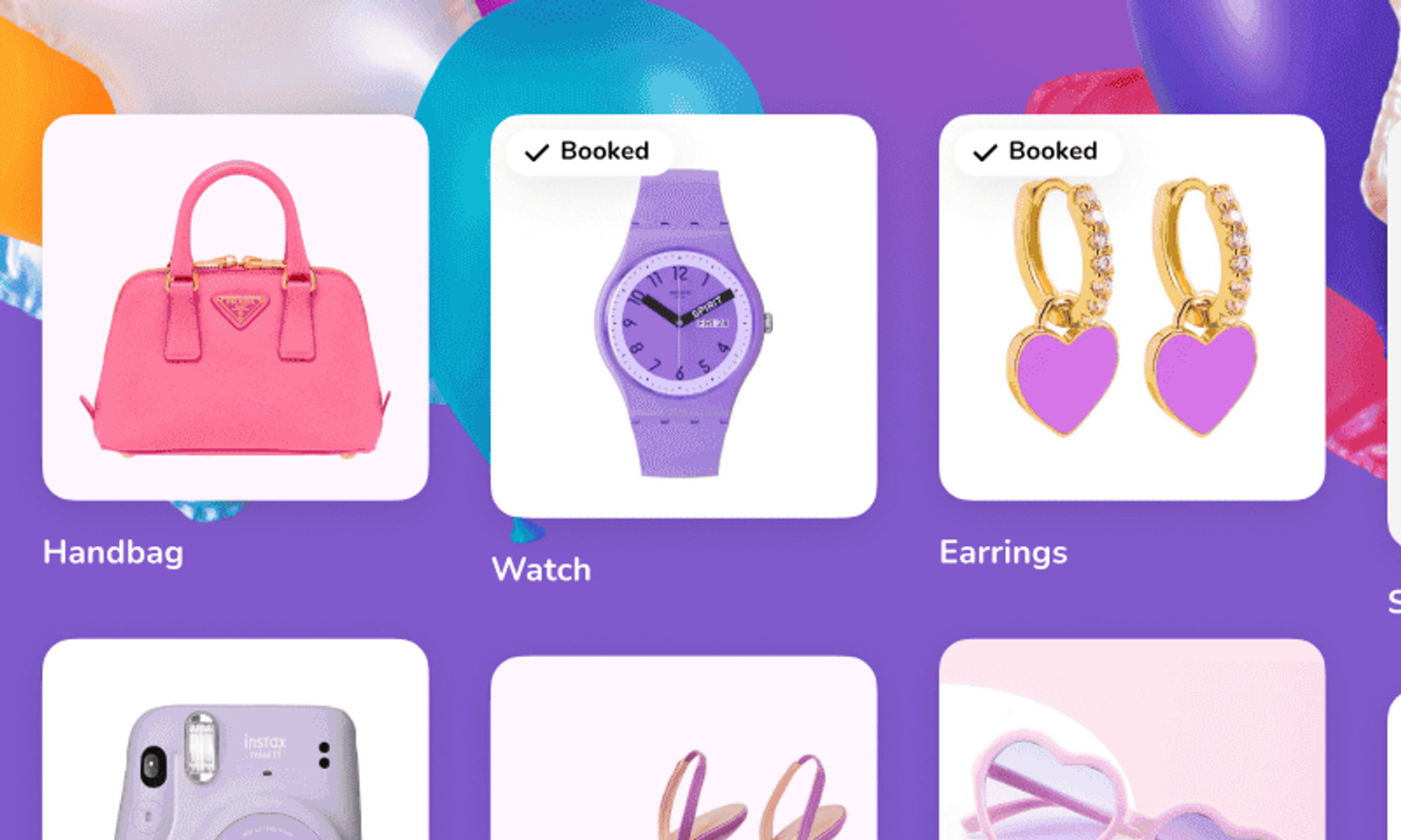 A shared wishlist showing a handbag, a watch and a pair of earrings — the watch and earrings are marked "Booked", the handbag is still available.