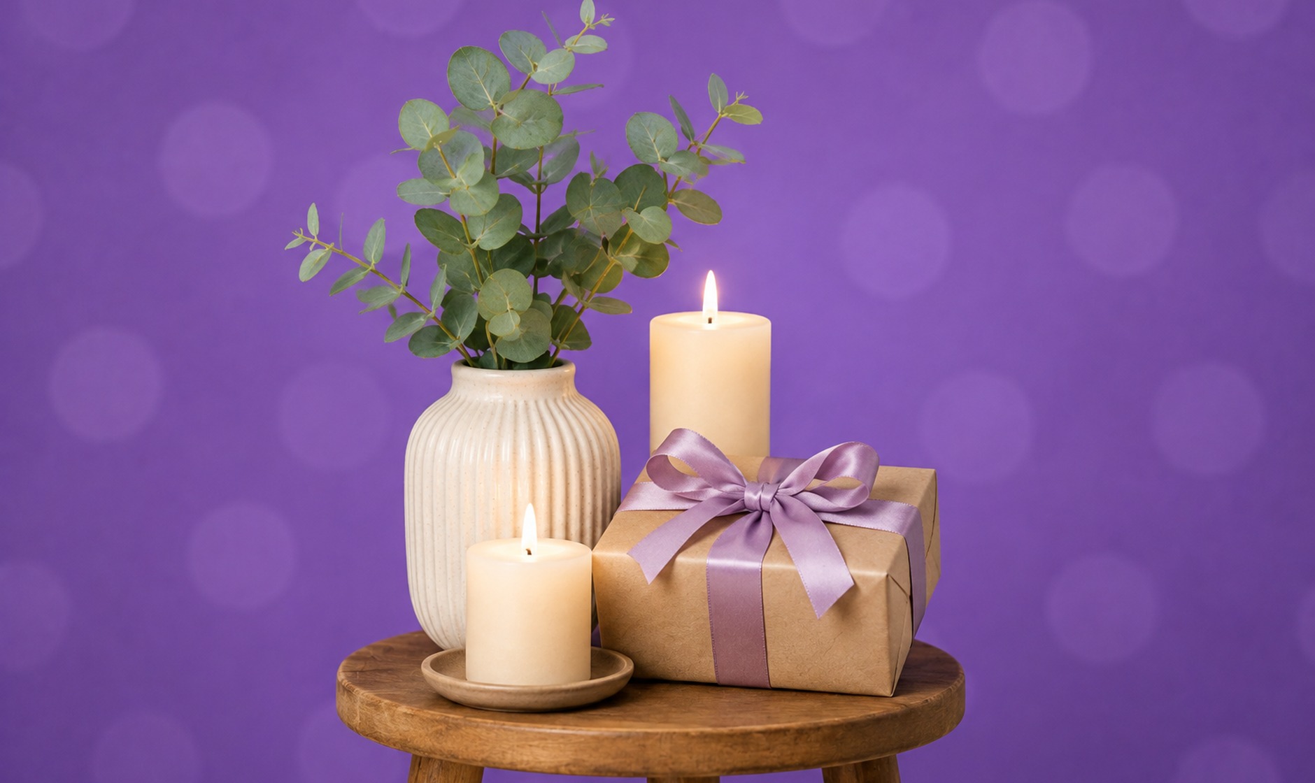 Two lit candles, eucalyptus in a vase and a small wrapped gift on a purple background