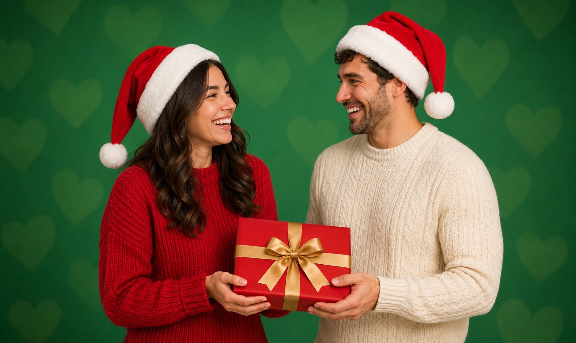 A couple in Santa hats exchanging a wrapped gift against a green studio background