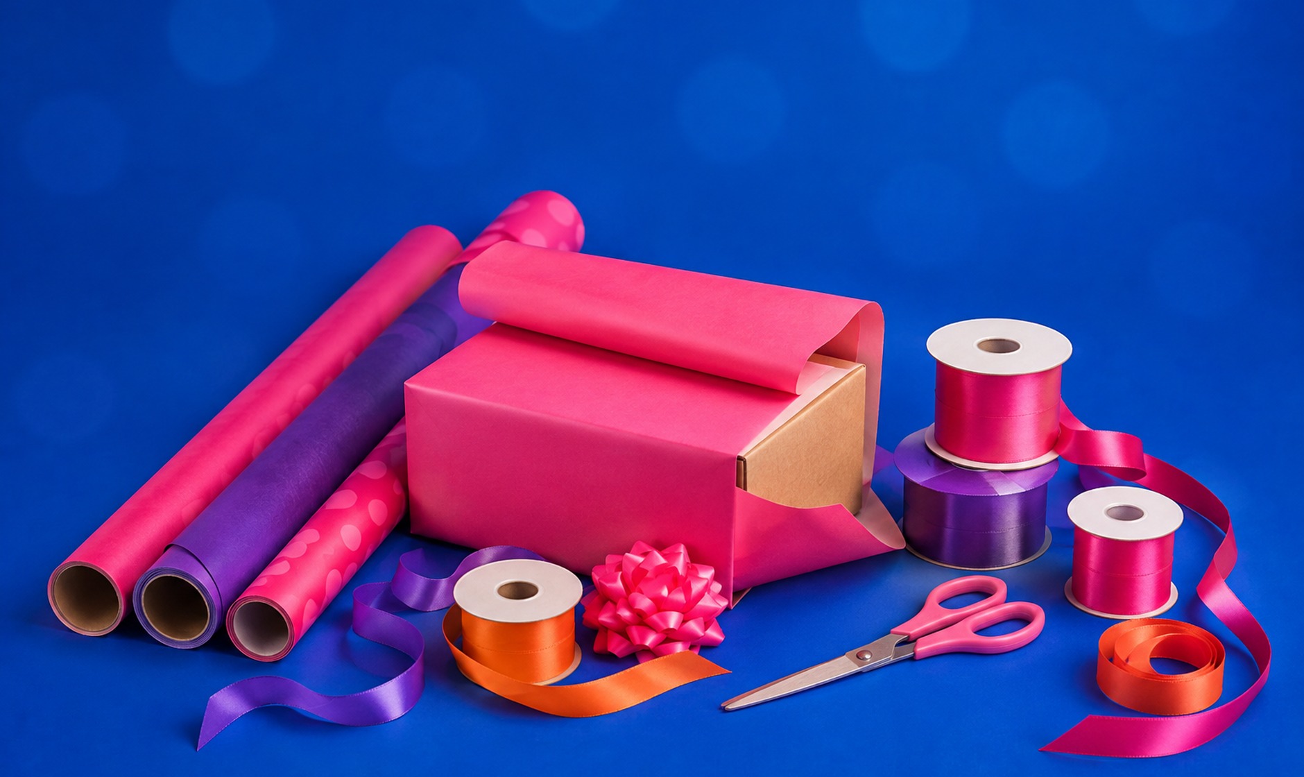 Wrapping paper, ribbons and scissors mid-wrap on a deep blue background